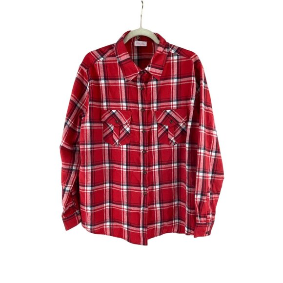 Pink Lily Plaid Button-Up Flannel Shirt Red White Pockets L Western Rodeo Casual - Picture 1 of 8